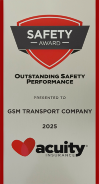 Acuity Insurance 2025 Safety Award certificate presented to GSM Transport Co.